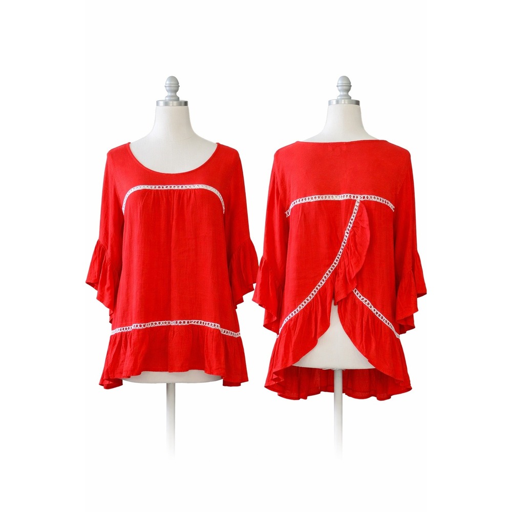 Umgee USA Red Bell Sleeve Lace Trim Peasant Tunic Blouse Top Large